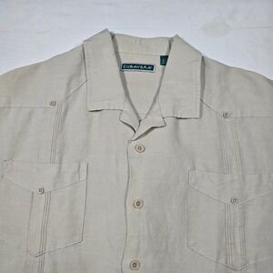 Cubavera Mens Large Tan Ramie Rayon Short Sleeve Guayabera Camp Shirt Beige L